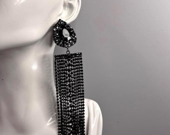 Black Rhinestone Fringe Earrings - Statement Long Drop Earrings - Gothic Glam Jewelry - Sparkly Evening Earrings - Festival Party Accessorie