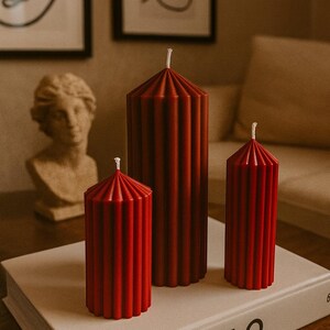 Tall ribbed pillar candle, sculptural decorative candle for home decor, modern handmade candle, unique wax art for cozy interiors