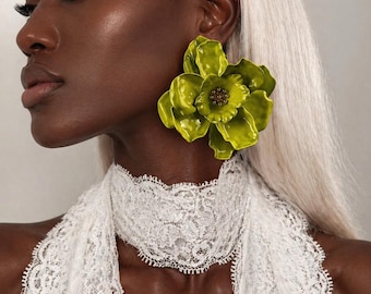 Green Flower Statement Earrings, Bold Floral Earrings, Oversized Petal Jewelry, Artistic Earrings, Unique Gift for Her, Trendy Look