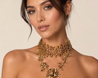 Gold Crystal Statement Necklace, Baroque Bridal Choker, Luxury Rhinestone Bib Necklace, Dramatic Wedding Jewelry, Glamorous Formal Accessory