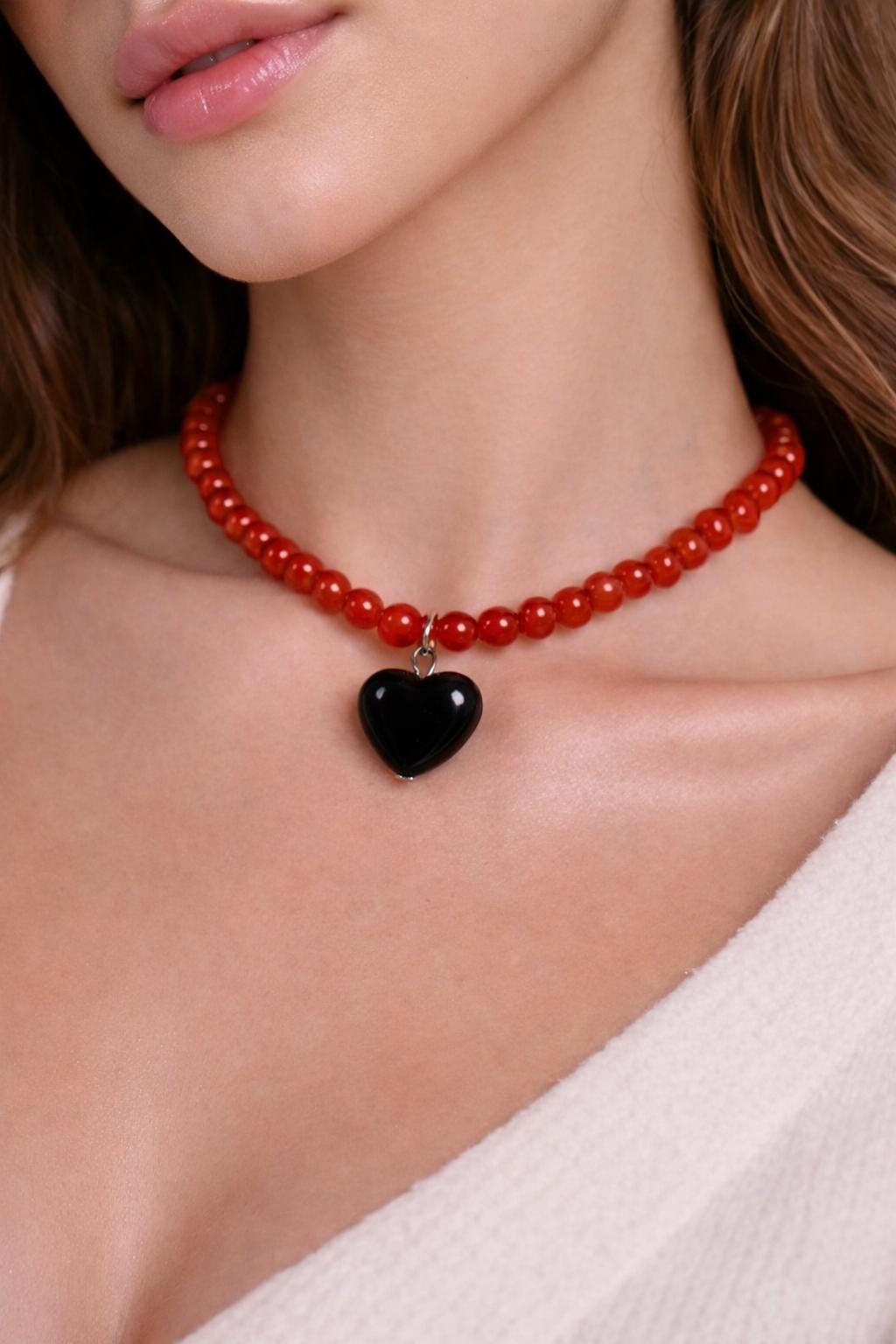 Red Beaded Heart Necklace, Black Heart Pendant Necklace, Cute Choker…