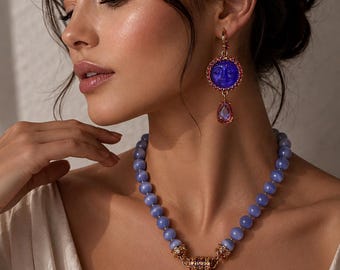 Purple Moon Face Necklace Set, Celestial Jewelry, Statement Pendant Necklace, Moon Earrings, Artisan Beaded Jewelry Gift for Women