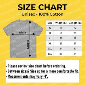 Puede incluir: Una camiseta gris unisex con una tabla de tallas. La tabla muestra medidas en pulgadas para las tallas S a 3XL. El texto en la camiseta dice "SIZE CHART Unisex &bull; 100% Cotton". Texto adicional aconseja revisar la tabla de tallas.