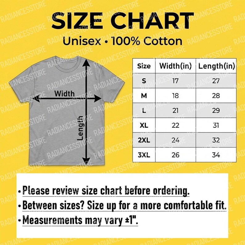 Puede incluir: Una camiseta gris unisex con una tabla de tallas. La tabla muestra medidas en pulgadas para las tallas S a 3XL. El texto en la camiseta dice "SIZE CHART Unisex &bull; 100% Cotton". Texto adicional aconseja revisar la tabla de tallas.