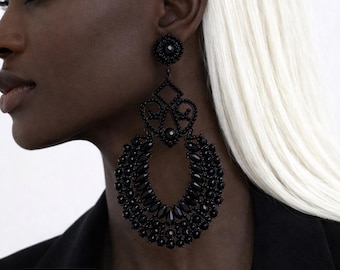 Black Statement Dangle Earrings, Large Beaded Earrings, Elegant Evening Jewelry, Bold Drop Earrings for Women, Fashion Gift, Glam Look