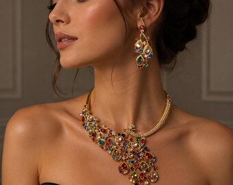Luxury Colorful Statement Jewelry Set, Crystal Necklace Earrings, Bridal Wedding Jewelry, Vintage Gold Necklace, Gift for Her