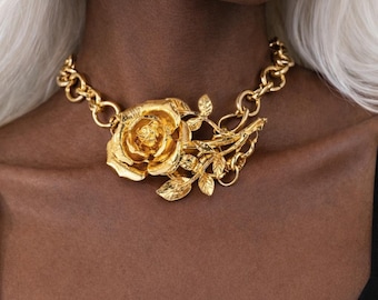 Gold Rose Necklace Statement Choker Floral Jewelry Chunky Chain Necklace Flower Pendant Necklace Gift For Her Trendy Jewelry
