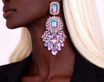 Luxury Statement Crystal Earrings, Iridescent Pink Drop Earrings, Bold Glam Jewelry, Bridal Party Earrings, Gift for Her Elegant