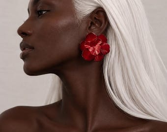 Red Flower Stud Earrings, Statement Floral Earrings, Handmade Bold Rose Earrings, Lightweight Fashion Jewelry Gift for Women Party Style Fun
