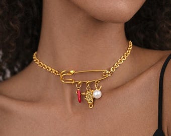 Gold Safety Pin Necklace With Charms, Bull Head Pendant Necklace, Pearl Charm Jewelry, Statement Choker, Unique Gift For Her, Trendy Jewelry