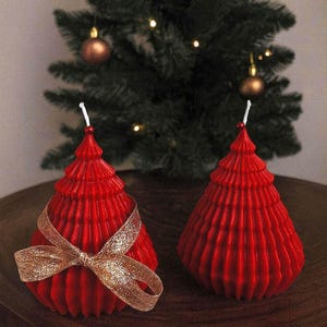 Christmas candle tree shape red holiday decor, festive home decoration, handmade gift, cozy seasonal accent, unique winter table decor
