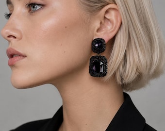 Purple Crystal Stud Earrings, Gothic Rhinestone Drop Earrings, Dark Purple Statement Jewelry for Women, Elegant Party Glam Gift