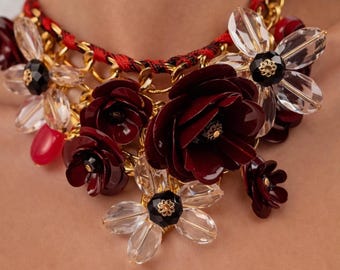 Statement Floral Necklace Red Gold Choker Handmade Bold Flower Necklace Crystal Chunky Jewelry Gift for Women Unique Fashion Piece