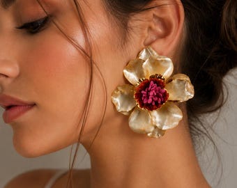 Oversized Flower Stud Earrings, Pearl Ivory Bloom Earrings, Statement Floral Jewelry, Romantic Gift for Her, Lightweight Wedding Accessories