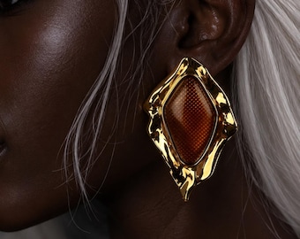 Gold Amber Statement Stud Earrings, Sculptural Luxury Earrings, Bold Fashion Jewelry Gift for Women Handmade in Florida Art, Elegant Jewelry