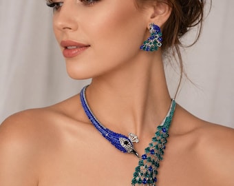 Peacock Necklace and Earrings Set, Blue Green Crystal Statement Jewelry, Rhinestone Bird Necklace, Wedding Guest Gift, Luxury Bridal Jewelry