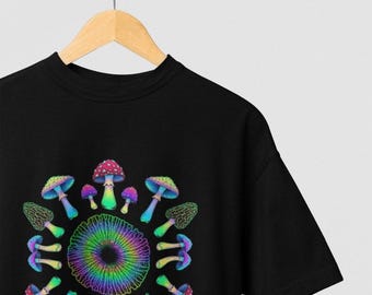 Camiseta con mandala de hongos psicodélicos, camiseta gráfica para festivales, camiseta colorida con arte de hongos, top de arte psicodélico para raves, ropa urbana unisex negra