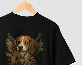 Camiseta de perro de caza Beagle: diseño vintage de cazador con conejo y armas. Camiseta con gráfico de vida silvestre del bosque. Regalo para cazadores y amantes de los perros.