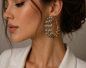 Gold Crystal Hoop Earrings, Oversized Rhinestone Hoops, Glam Statement Earrings, Luxury Sparkly Earrings Gift for Women
