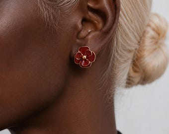 Red Flower Stud Earrings, Gold Floral Earrings, Minimalist Red Enamel Earrings, Cute Small Studs, Romantic Jewelry Gift for Her