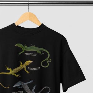 May include: Black t-shirt with a graphic print of three different types of lizards. The lizards are labeled "Emerald Tree Monitor (Varanus Prasinus)", "Yellow Tree Monitor (Varanus Reisingeri)", and "Blue Tree Monitor (Varanus Macraei)".