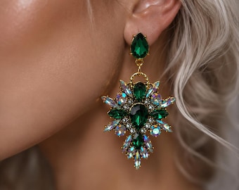 Emerald Green Crystal Stud Earrings, Gold Chandelier Statement Earrings, Bridal Party Jewelry, Luxury Rhinestone Earrings Gift for Women