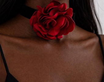 Red Rose Choker Necklace Black Velvet Flower Choker Statement Necklace Gothic Jewelry Floral Necklace Gift For Her Trendy