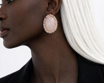 Blush Pink Oval Stud Earrings, Rose Gold Statement Earrings, Crystal Bridal Earrings, Elegant Pink Wedding Jewelry for Her,Elegant Accessory