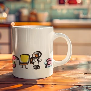 Puede incluir: Taza de cerámica blanca con un diseño dibujado a mano de un rectángulo amarillo, un oso marrón con un traje espacial blanco y un caracol rosa. La taza tiene un asa negra.