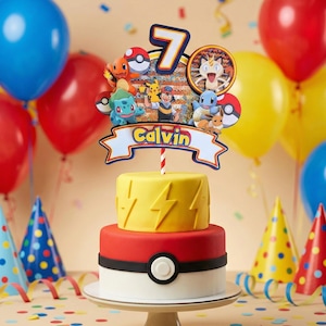 May include: A two-tiered birthday cake with a red and yellow design, topped with a Pokémon-themed decoration. The cake has a red base with a black stripe and a white circle, and a yellow top with lightning bolt designs. The topper says "Calvin" and "7".