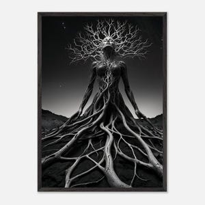 Sogno offline - Poster dello spirito della terra sacra / Poster incorniciato A1-A4 raffigurante la dea delle radici degli alberi / Decorazione murale astratta in bianco e nero