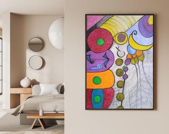 May include: A rectangular framed wall art piece featuring a vibrant abstract composition of stacked geometric shapes in red, orange, blue, and purple, accented by yellow crescent forms and a series of small textured circles on a gray background.