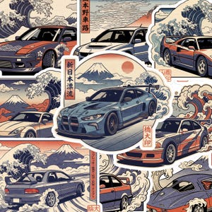 May include: A collection of stickers featuring various sports cars integrated with traditional Japanese art motifs, including stylized ocean waves and Mount Fuji. The designs incorporate Japanese text characters and a colour palette of blue, orange, and cream.