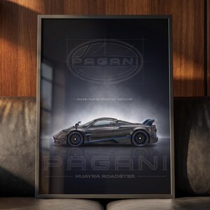 May include: A framed vertical poster featuring a dark grey Pagani Huayra Roadster BC sports car in profile. The design includes the Pagani logo at the top, the text Pagani Huayra Roadster BC, and the word Pagani with Huayra Roadster at the bottom.
