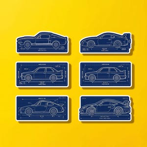 May include: A set of six rectangular stickers featuring blue and white technical blueprint illustrations of various sports cars. Each sticker displays a side-profile line drawing of a vehicle with technical annotations, dimensions, and grid lines.