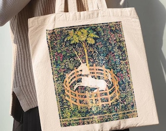 Unicorn in Captivity Tote Bag, Medieval Tapestry Print, Fantasy Art Tote, Cottagecore Aesthetic Bag, Gothic Gift, Dark Academia Accessory