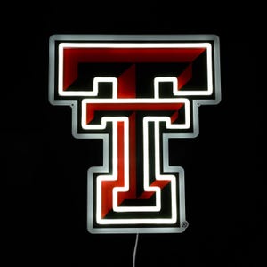 May include: A neon sign in the shape of the letter "T". The sign has a red and white color scheme, with a white outline and a red interior. The background is black.