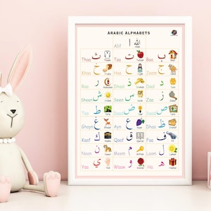 Arte de pared con alfabeto árabe, impresión de letras árabes para guardería, póster con alfabeto árabe para niños, arte de pared con alfabeto islámico, póster con alfabeto árabe