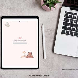 May include: A pink and white digital planner with the text "THIS PLANNER BELONGS TO" and a blank line for a name. The planner has a simple illustration of a woman with brown hair and skin, wearing a white shirt and holding a plant.