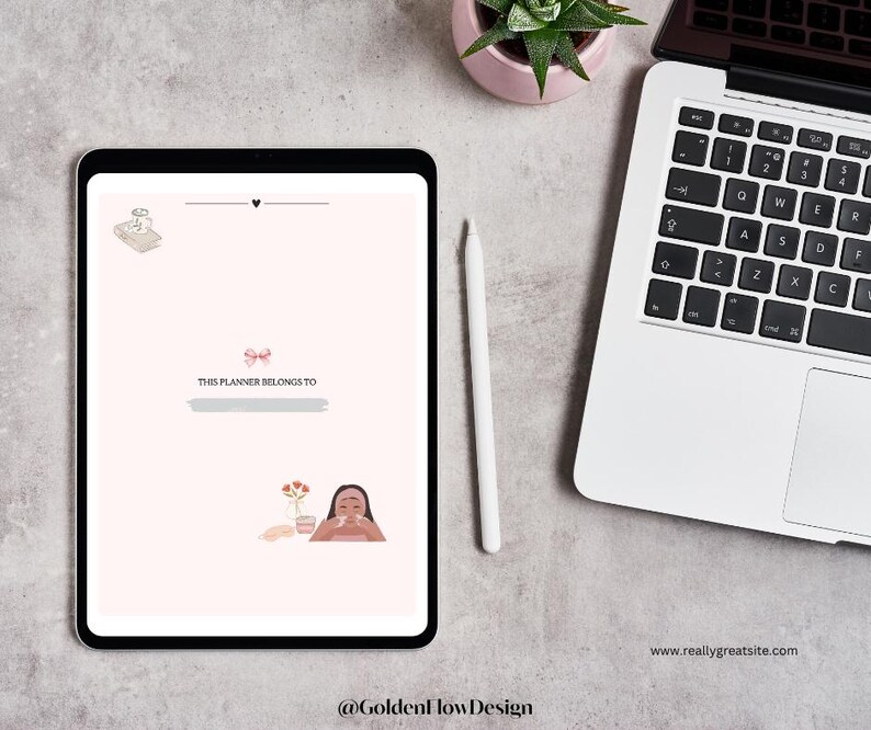 May include: A pink and white digital planner with the text "THIS PLANNER BELONGS TO" and a blank line for a name. The planner has a simple illustration of a woman with brown hair and skin, wearing a white shirt and holding a plant.