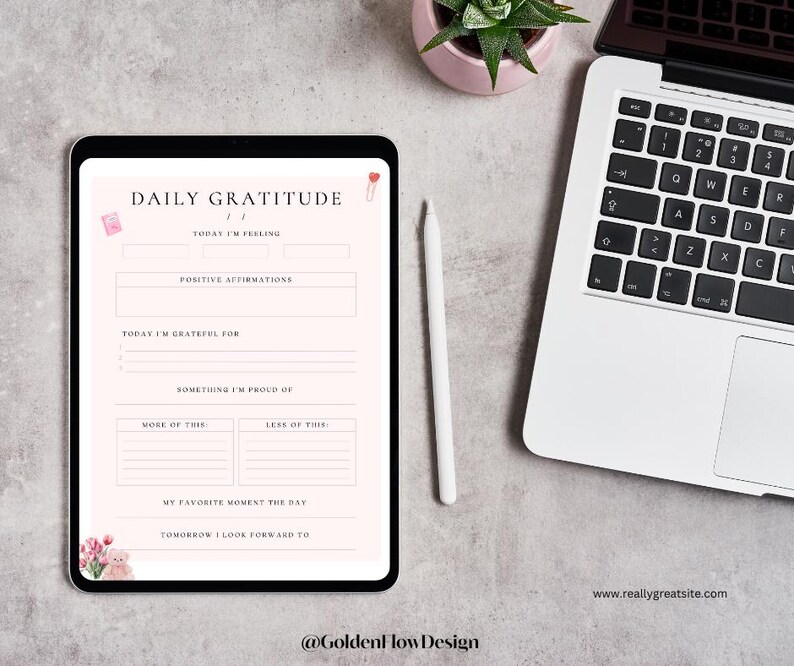 May include: A digital planner template with a pink and white background. The template includes sections for daily gratitude, positive affirmations, and more. The text "DAILY GRATITUDE" is at the top of the page.