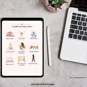 May include: A digital planner with a pink background and illustrations of a healthy morning routine. The planner includes tasks like waking up early, stretching, taking a shower, doing skincare, getting ready, eating a healthy breakfast, making the bed, writing a to-do list, and getting ready for the day.