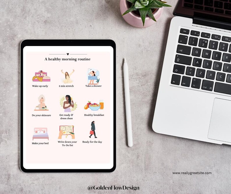May include: A digital planner with a pink background and illustrations of a healthy morning routine. The planner includes tasks like waking up early, stretching, taking a shower, doing skincare, getting ready, eating a healthy breakfast, making the bed, writing a to-do list, and getting ready for the day.