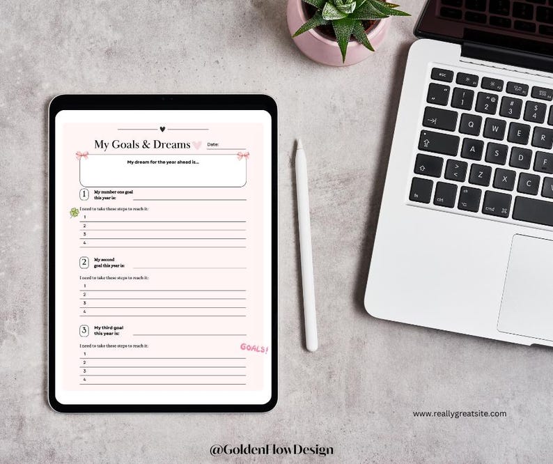May include: A pink and white printable goal setting worksheet with the title "My Goals & Dreams". The worksheet has space to write down three goals and steps to achieve them.