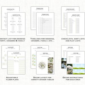 May include: A collection of white paper documents with black text, including checklists, timelines, and floor plans. The documents are labeled with titles such as "Contacts," "Timeline," and "Decor." The image showcases organizational tools for wedding planning.