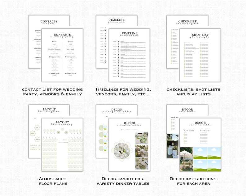 May include: A collection of white paper documents with black text, including checklists, timelines, and floor plans. The documents are labeled with titles such as "Contacts," "Timeline," and "Decor." The image showcases organizational tools for wedding planning.