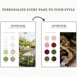 May include: Two digital pages with the text "OVERVIEW color palette" and "PERSONALIZE EVERY PAGE TO YOUR STYLE". The pages show color swatches and textures, with images of outdoor event settings.
