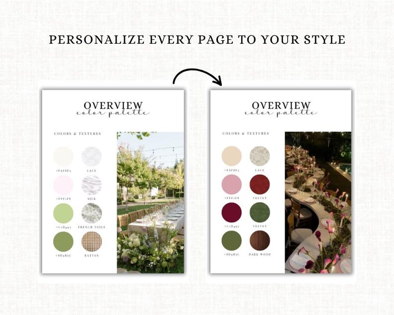 May include: Two digital pages with the text "OVERVIEW color palette" and "PERSONALIZE EVERY PAGE TO YOUR STYLE". The pages show color swatches and textures, with images of outdoor event settings.
