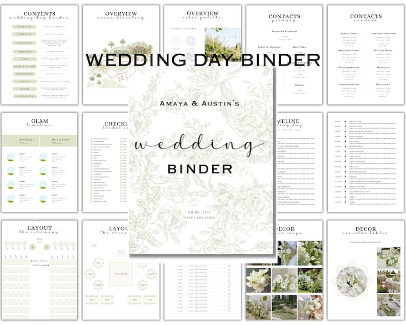 May include: A wedding day binder with multiple pages, featuring text like "Contents," "Overview," and "Contacts." The central page displays "wedding BINDER" with floral accents. Other pages include layouts and decor ideas.