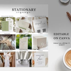 May include: A collage of wedding stationery items, including signs, name tags, and cards. The text "STATIONARY signage" is at the top. The words "EDITABLE ON CANVA" are also visible. The items are arranged on a white surface.